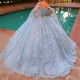 Off The Shouler Appliques Sky Blue Shiny Ball Gown Quinceanera Dresses Lace Flower Beaded Tull Party Gowns Vestidos 15 XV Anos