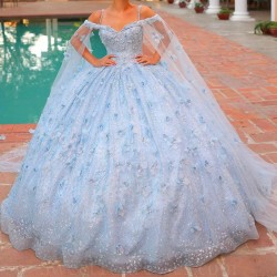 Off The Shouler Appliques Sky Blue Shiny Ball Gown Quinceanera Dresses Lace Flower Beaded Tull Party Gowns Vestidos 15 XV Anos