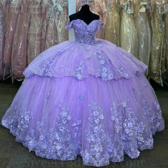 Off The Shouler Ball Gown Lavender Quinceanera Dresses For Girls Beaded Celebrity Party Gowns Appliques Lace Graduation Vestidos