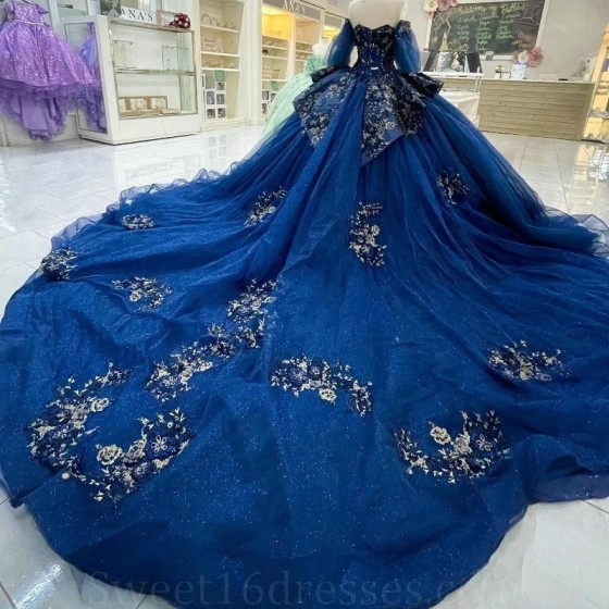 Off The Shouler Navy Blue Ball Gown Quinceanera Dresses For Girls Applique Flower Beaded Celebrity Party Gowns