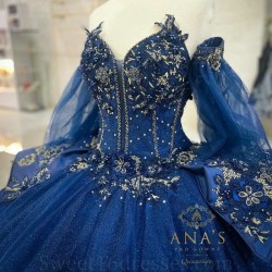 Off The Shouler Navy Blue Ball Gown Quinceanera Dresses For Girls Applique Flower Beaded Celebrity Party Gowns