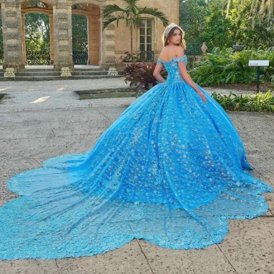 Off The Shouler Sky Blue Shiny Ball Gown Quinceanera Dresses Appliques Lace Flower Beaded Tull Party Gowns Vestidos 15 XV Anos