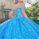 Off The Shouler Sky Blue Shiny Ball Gown Quinceanera Dresses Appliques Lace Flower Beaded Tull Party Gowns Vestidos 15 XV Anos