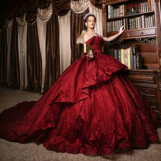 Off shoulder Red Shiny Princess Sweetheart Quinceanera Dresses Gillter Applique Lace-up Corset Charro Vestido Xv 15 anos mexican