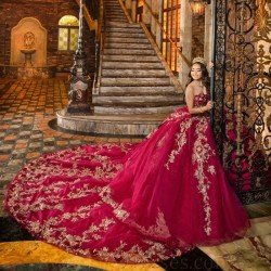 Off the Shoulder Ball Gown Red Quinceanera Dress Corset Gold Lace Appliques Beading Sweet 16 Dress Vestidos De XV Anos