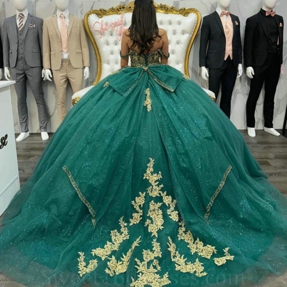 Off the Shoulder Emerald Green Appliques Ball Gowns Quinceanera Dresses Beaded Gold Applique Lace Vestidos De 15 Anos