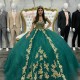 Off the Shoulder Emerald Green Appliques Ball Gowns Quinceanera Dresses Beaded Gold Applique Lace Vestidos De 15 Anos