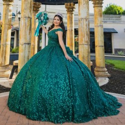 Off the Shoulder Emerald Green Princess Quinceanera Dresses Ball Gown Sweet 16 Dress Beads Lace Beads Tull Vestidos De 15 Anos