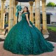 Off the Shoulder Emerald Green Princess Quinceanera Dresses Ball Gown Sweet 16 Dress Beads Lace Beads Tull Vestidos De 15 Anos