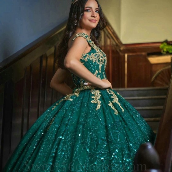 Off the Shoulder Emerald Green Sequin Quinceanera Dress Ball Mexican Glitter Sweet for 16th Girl Birthday Party Gown