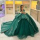 Off the Shoulder Emerald Green Shiny Quinceanera Dresses for Sweet 15 Year Sexy Puffy Ball Gown Lace Appliques Princess Gowns