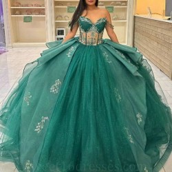 Off the Shoulder Emerald Green Shiny Quinceanera Dresses for Sweet 15 Year Sexy Puffy Ball Gown Lace Appliques Princess Gowns