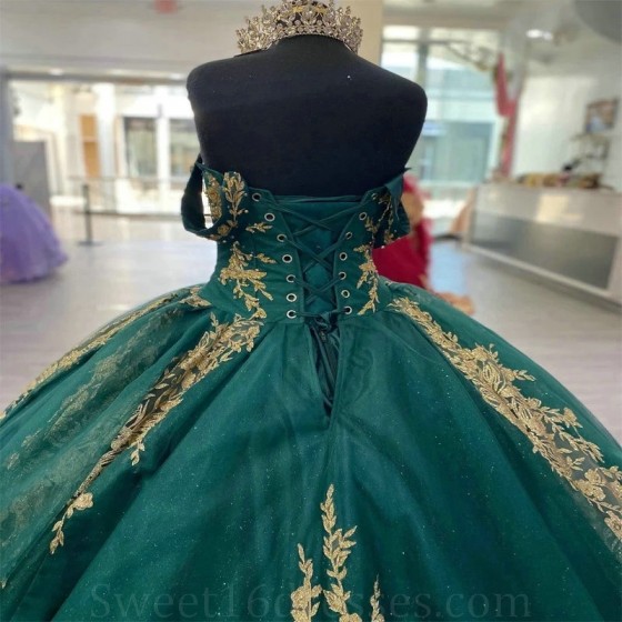 Off the Shoulder Emerald Green Shiny Sexy Beaded Appliques Quinceanera Dresses For Girl Shinning Ball Gown Dress For Sweet 15 16