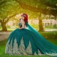 Off the Shoulder Green Shiny Tulle Quinceanera Dresses Beads Gold Applique Lace With Cape Ball Gown Sweet Sixteen Dress Gowns