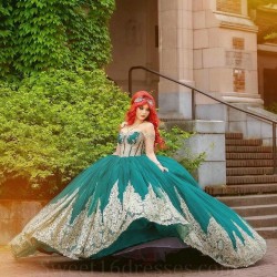 Off the Shoulder Green Shiny Tulle Quinceanera Dresses Beads Gold Applique Lace With Cape Ball Gown Sweet Sixteen Dress Gowns