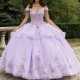 Off the Shoulder Lavender Quinceanera Dresses Sweet 16 Gowns 3D Flower Applique Beads Tull Vestidos 15 De Quinceanera