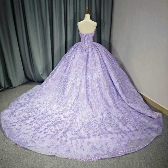 Off the Shoulder Lavender Shiny Princess Quinceanera Dresses Ball Gown Sweet 16 Dress Lace Beads Crystal Party Gown Vestidos 15