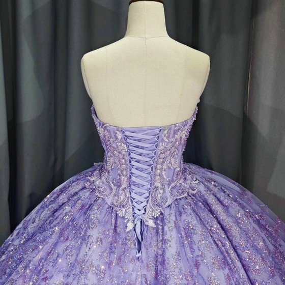 Off the Shoulder Lavender Shiny Princess Quinceanera Dresses Ball Gown Sweet 16 Dress Lace Beads Crystal Party Gown Vestidos 15