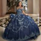 Off the Shoulder Navy Blue Quinceanera Dresses Appliques Lace Tull Lace-Up Corset Prom Sweet 16 Vestido De 15 Anos