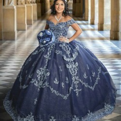 Off the Shoulder Navy Blue Quinceanera Dresses Appliques Lace Tull Lace-Up Corset Prom Sweet 16 Vestido De 15 Anos