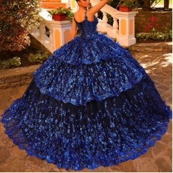 Off the Shoulder Navy Blue Shiny Princess Quinceanera Dresses Ball Gown Sweet 16 Dress Beads Appliques Lace Beads Vestidos De 15