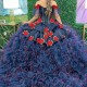 Off the Shoulder Navy Blue Women’s Quinceanera Dress Applique Flower Tull Tiered Ball Gowns Sweep Train Vestido de 15 Anos