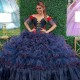 Off the Shoulder Navy Blue Women’s Quinceanera Dress Applique Flower Tull Tiered Ball Gowns Sweep Train Vestido de 15 Anos