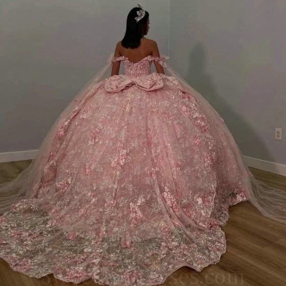 Off the Shoulder Pink Princess Sweetheart Ball Gown Quinceanera Dress Beaded Appliques Flower Party Gowns Vestidos De 15 Anos