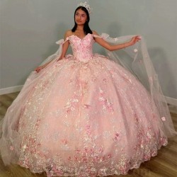 Off the Shoulder Pink Princess Sweetheart Ball Gown Quinceanera Dress Beaded Appliques Flower Party Gowns Vestidos De 15 Anos