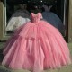 Off the Shoulder Pink Shiny Quinceanera Dresses Mexican Ball Gown Beads Crystal Princess Long Sweet 16 Prom Dress