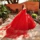 Off the Shoulder Red Shiny Ball Gown Quinceanera Dresses Lace Appliques 3D Flowers With Cape Corset Back Vestidos De 15 Anos