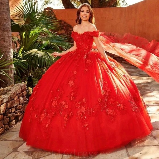 Off the Shoulder Red Shiny Ball Gown Quinceanera Dresses Lace Appliques 3D Flowers With Cape Corset Back Vestidos De 15 Anos