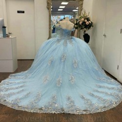 Off the Shoulder Sky Blue Quinceanera Dress Princess Prom Gown Tulle Appliques Lace Beads Sweet16 Dress Vestidos De 15 Anos