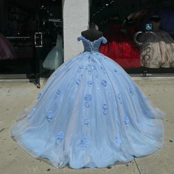 Off the Shoulder Sky Blue Sweetheart Quinceanera Dresses for 15 Year Ball Gown Lace Beads 3DFlower Sweet 16 Long Prom Party Gown