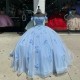 Off the Shoulder Sky Blue Sweetheart Quinceanera Dresses for 15 Year Ball Gown Lace Beads 3DFlower Sweet 16 Long Prom Party Gown