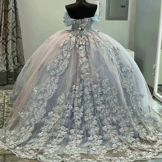 Princess Sky Blue Quinceanera Dresses Ball Gowns Applique Lace Long Train Lace Up Vestidos De 15 Anos Birthday Party Gowns