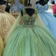 Puffy Princess Sage Green Quinceanera Dresses Applique Beads With Cape Lace-up Corset Chapel Train Sweet 15 vestidos de