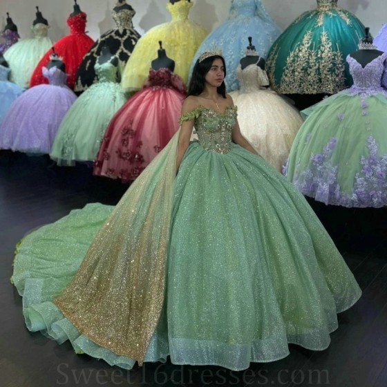 Puffy Princess Sage Green Quinceanera Dresses Applique Beads With Cape Lace-up Corset Chapel Train Sweet 15 vestidos de