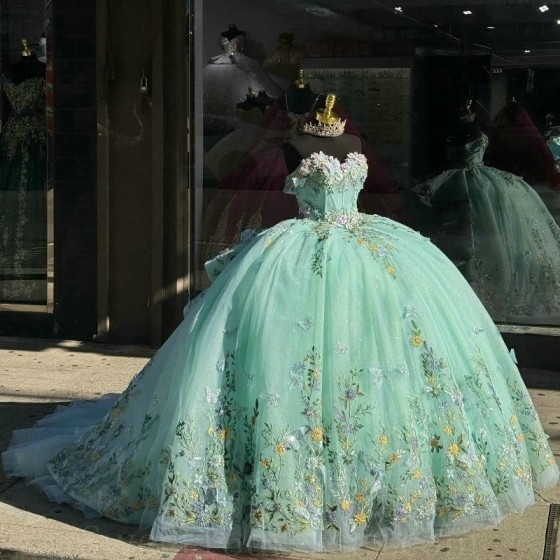 Romantic Mint Green Siny Sweetheart Quinceanera Dress For 15 Party Princess Appliques Flowers Birthday Party Dress