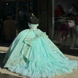 Romantic Mint Green Siny Sweetheart Quinceanera Dress For 15 Party Princess Appliques Flowers Birthday Party Dress