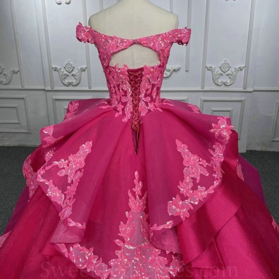 Rose Red Shiny Quinceanera Dress Ball Gown Off The Shoulder Sequin Lace Applique Tull Corset Sweet 16 Vestidos De 15 Anos