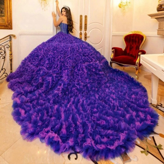 Ruffles Purple Princess Quinceanera Dresses Ball Gown Beads Crystals Tull Birthday Party Sweet 16 Dress Vestidos De 15