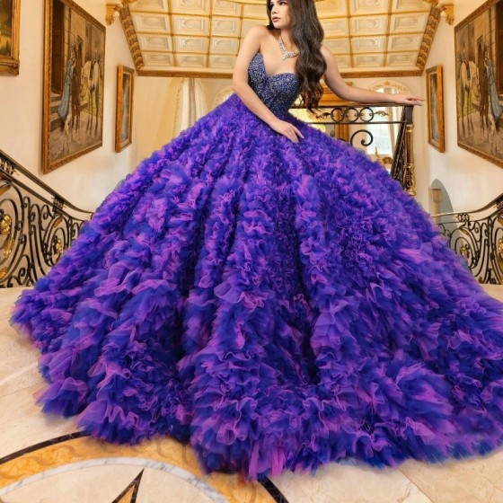 Ruffles Purple Princess Quinceanera Dresses Ball Gown Beads Crystals Tull Birthday Party Sweet 16 Dress Vestidos De 15