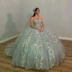 Sage Green Sweetheart Off The Shoulder Quinceanera Dresses Princess Prom Gown Tulle Lace Up Appliques Sweet 15 16 Dress