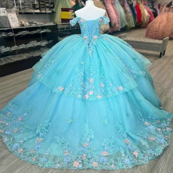 Sequin Aqua Blue Appliques Lace Bow Off The Shoulder Quinceanera Dress 2024 Ball Gown Sweep Train Tulle Princess Party Prom Dress