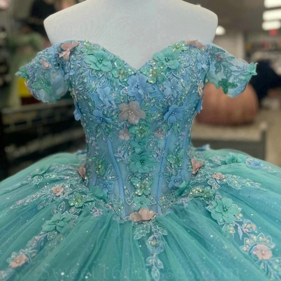 Sequin Aqua Blue Appliques Lace Bow Off The Shoulder Quinceanera Dress 2024 Ball Gown Sweep Train Tulle Princess Party Prom Dress