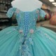 Sequin Aqua Blue Appliques Lace Bow Off The Shoulder Quinceanera Dress 2024 Ball Gown Sweep Train Tulle Princess Party Prom Dress