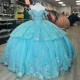 Sequin Aqua Blue Appliques Lace Bow Off The Shoulder Quinceanera Dress 2024 Ball Gown Sweep Train Tulle Princess Party Prom Dress