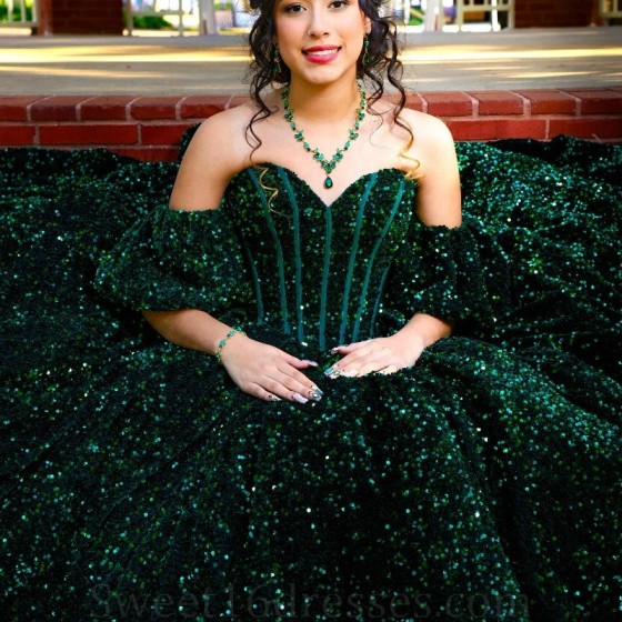 Sequin Emerald Green Quinceanera Dresses Ball Gown Birthday Party Dress Lace Up Graduation Gown Off The Shoulder vestidos 15 de