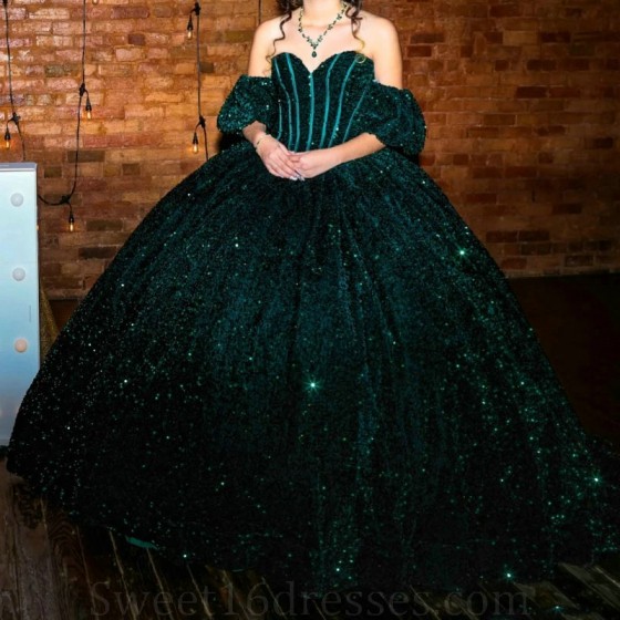 Sequin Emerald Green Quinceanera Dresses Ball Gown Birthday Party Dress Lace Up Graduation Gown Off The Shoulder vestidos 15 de